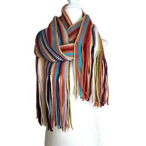 Colorful Vertical Knit Long Fringe Scarf